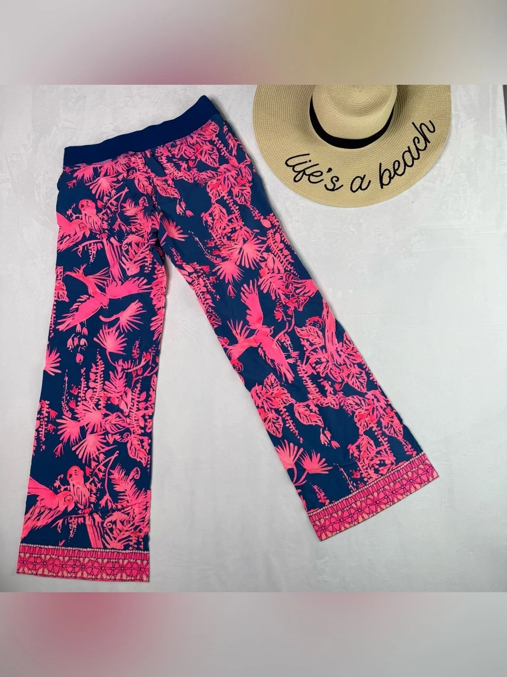 Tropical Wide Leg Lilly Pulitzer Navy and Bright Pink Lounge Beach Bottoms Small